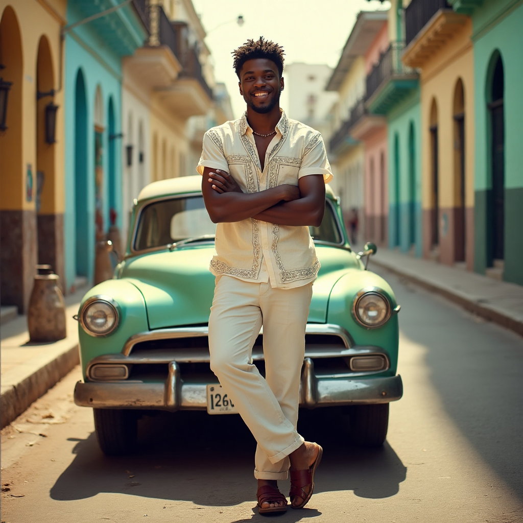 AI-generated photo: Travel Backdrop Portrait set in a vibrant Cuban street. The man wears a light, breathable guayabera ...