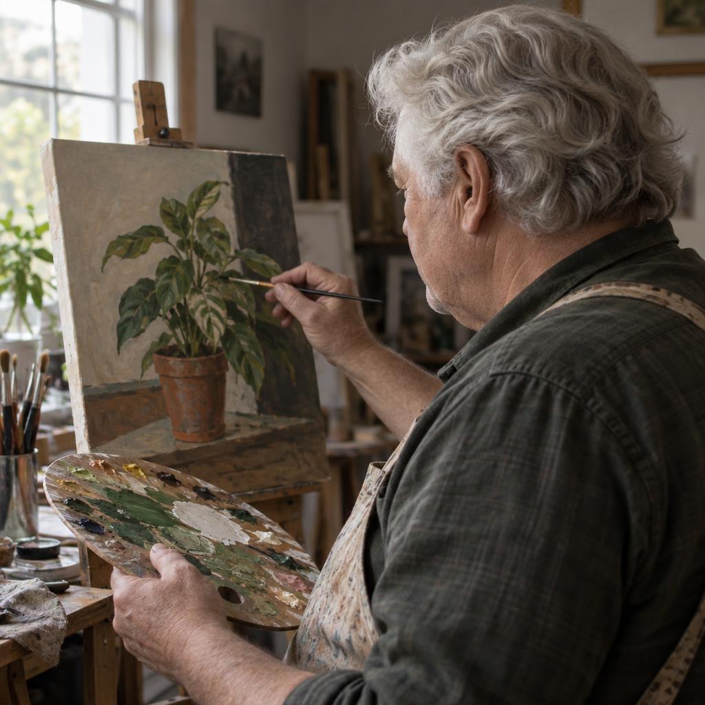 Creative Practice In A Working Studio: Tight over-the-shoulder studio photo of one person in a stained apron painting the leaves of a potted plant on a half-finished canvas.