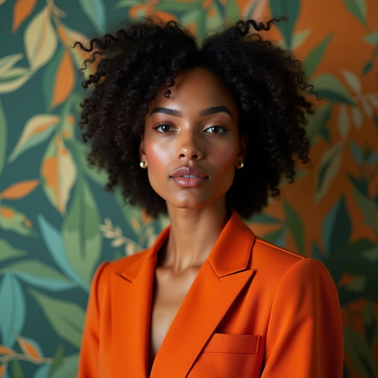 AI-generated photo: Editorial studio portrait photo emphasizing a sleek, fashionable vibe: the subject stands three-quar...