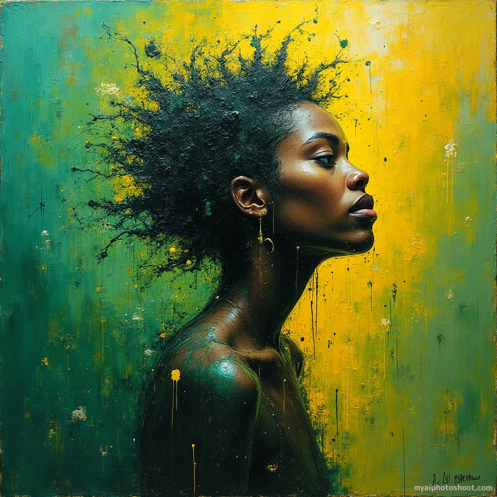 Abstract Expressionist oil painting. An emotional and vibrant scene that captures the spirit of liberation through bold brushwork and a daring color palette of deep greens and bright yellows. The artwork features a central figure enveloped in swirling patterns, with colors blending and clashing to depict the struggle and triumph of breaking free. The use of dripping paint techniques adds a sense of movement and unpredictability. The composition is chaotic yet harmonious, with contrasting shapes and lines creating a sense of tension and release. The figure's form is abstract, with emphasis on conveying emotion over realism, creating a powerful visual impact.