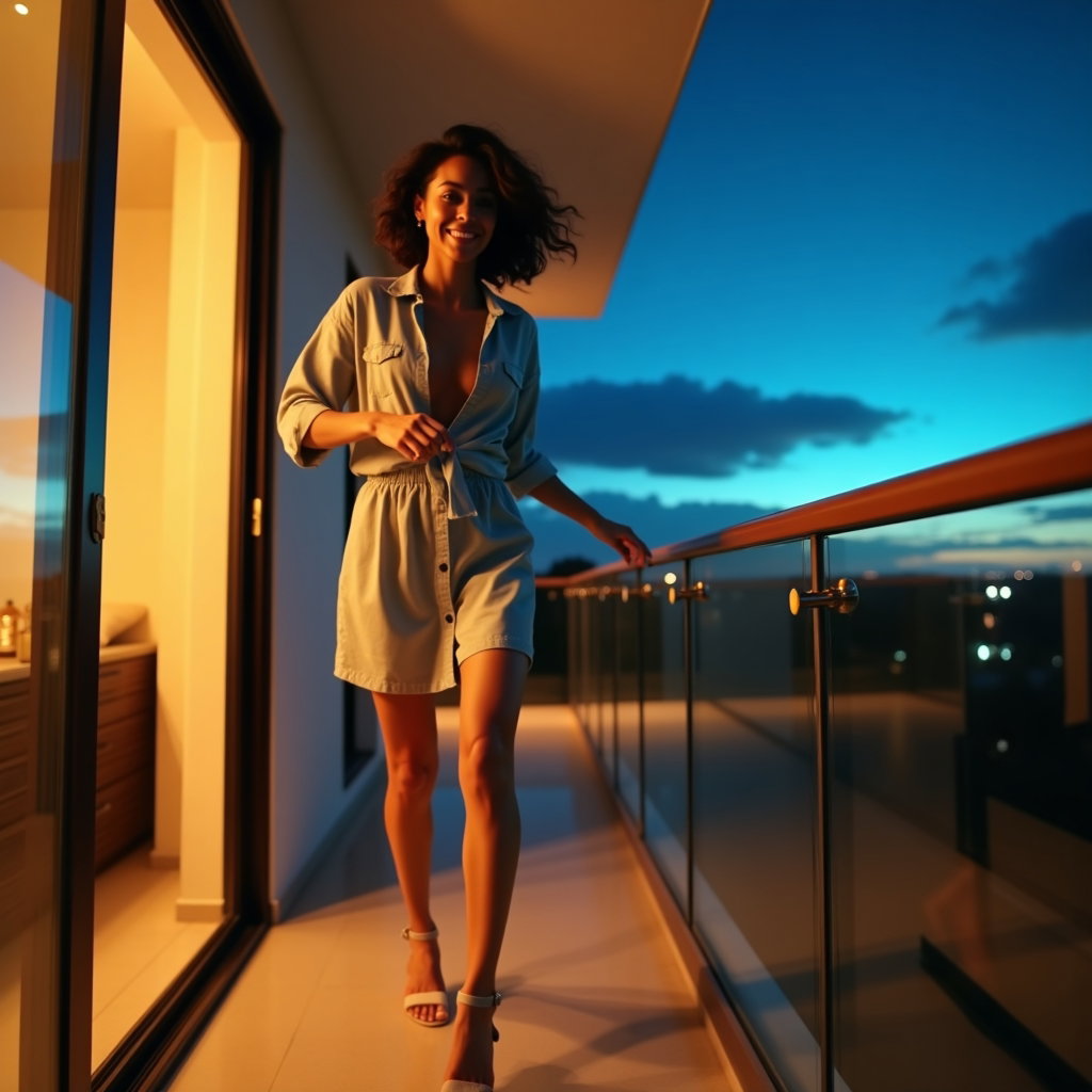 Night-Out Villa Balcony Fit Shot example: Photorealistic lifestyle action photo. Motion-focused balcony shot of the subject stepping through open terrace doors to