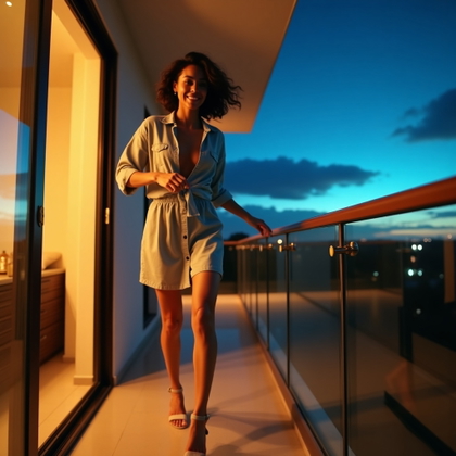 Night-Out Villa Balcony Fit Shot example: Photorealistic lifestyle action photo. Motion-focused balcony shot of the subject stepping through open terrace doors to
