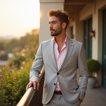 AI-generated photo: Lifestyle photo capturing a man in a light gray summer suit, the fabric a breathable linen blend per...