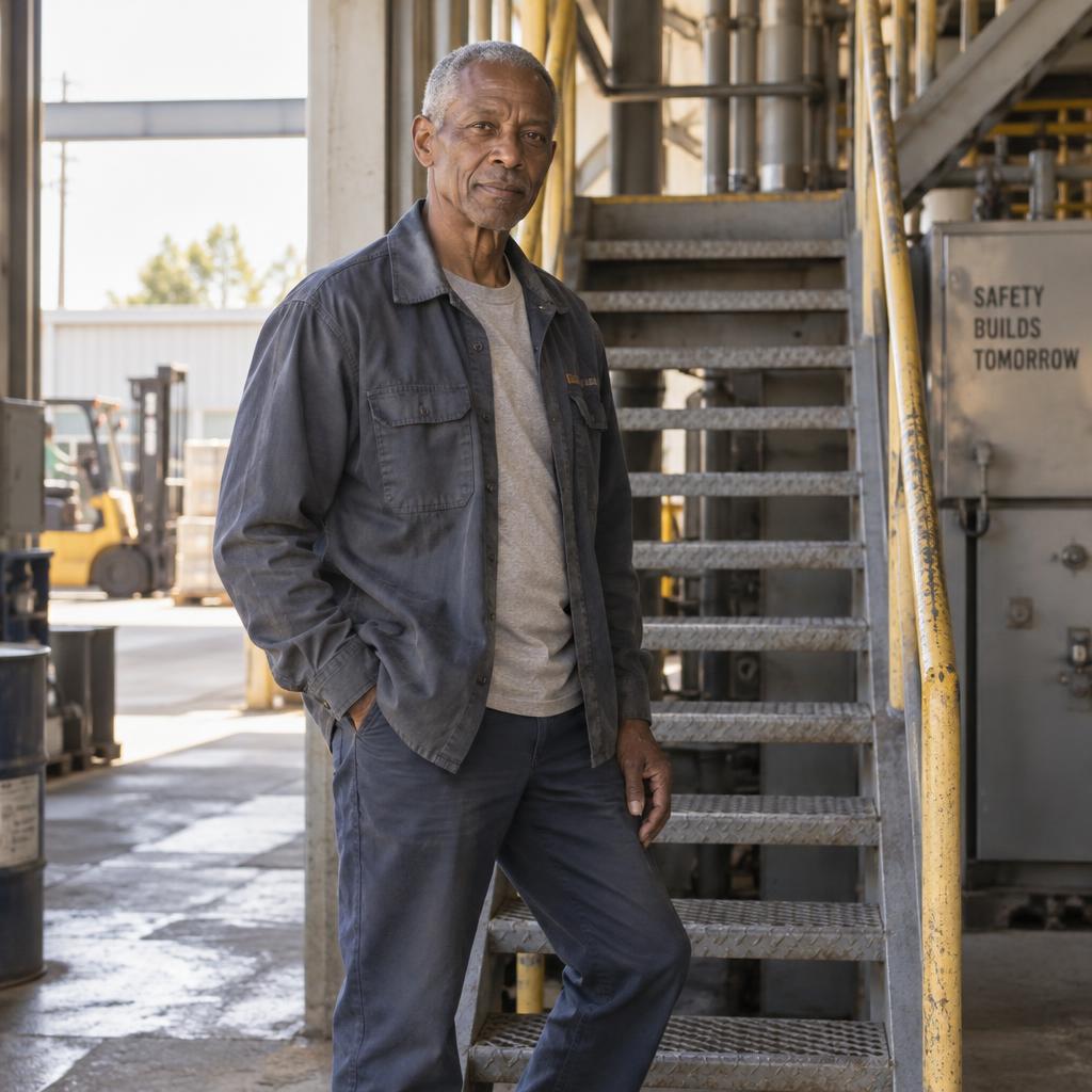 Action-Ready Performer: Natural three-quarter portrait at the base of a factory service staircase.