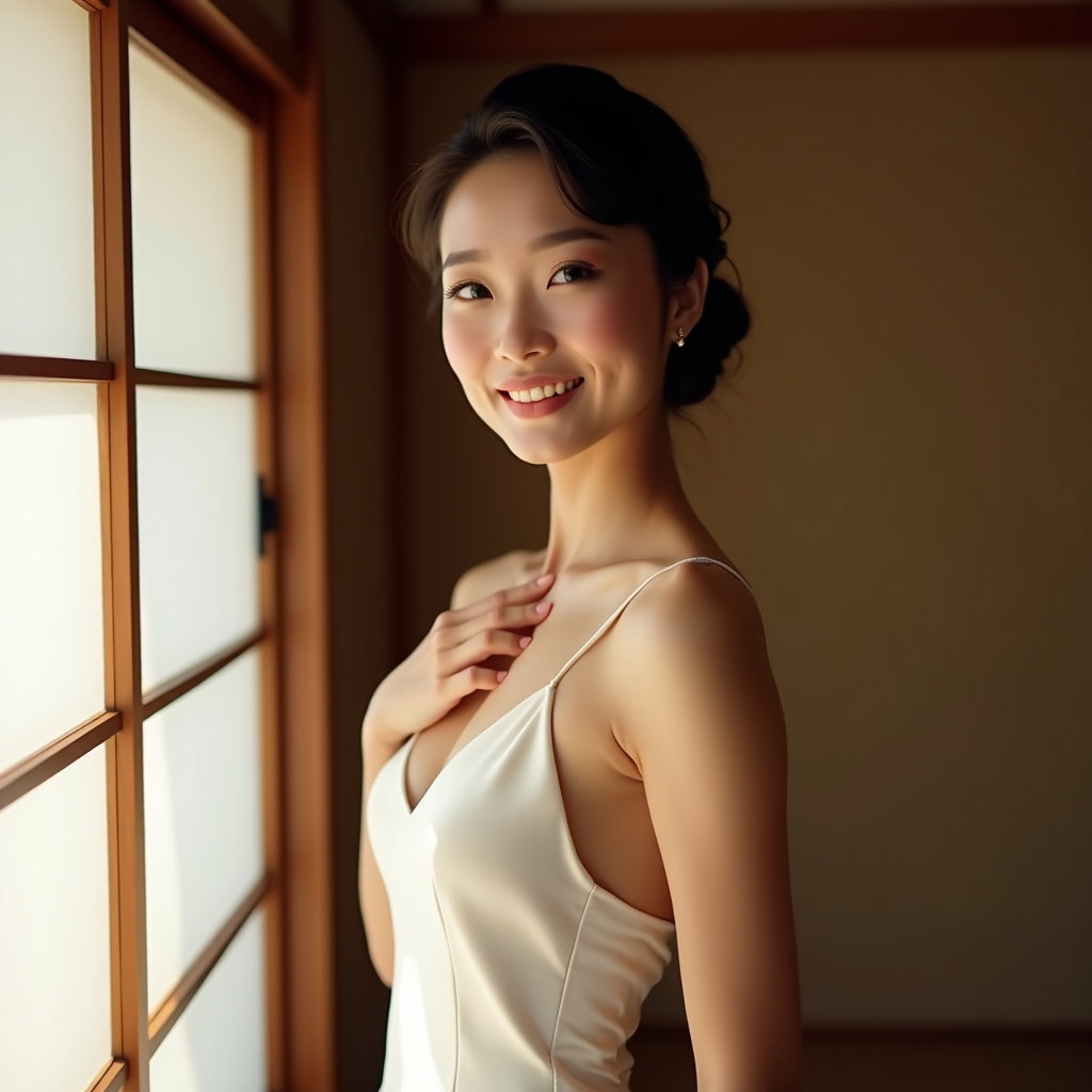 AI-generated photo: Photorealistic window‑light bridal portrait photography in a tranquil ryokan‑inspired suite with sli...