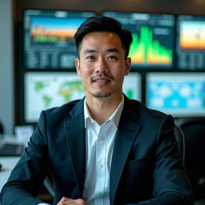 AI-generated photo: Professional headshot: renewable energy portfolio manager persona positioned in a grid operations su...