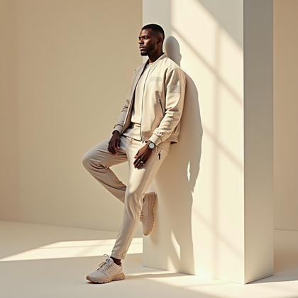 AI-generated photo: Photorealistic studio fashion photography, full-length portrait of an athlete casually leaning again...