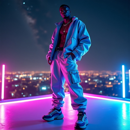 AI-generated photo: Photorealistic fashion photography, full-body shot of a galaxy-inspired streetwear look on a rooftop...