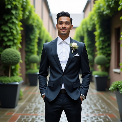 AI-generated photo: Photorealistic wedding portrait photograph in an ivy-lined courtyard after a light drizzle, reflecti...