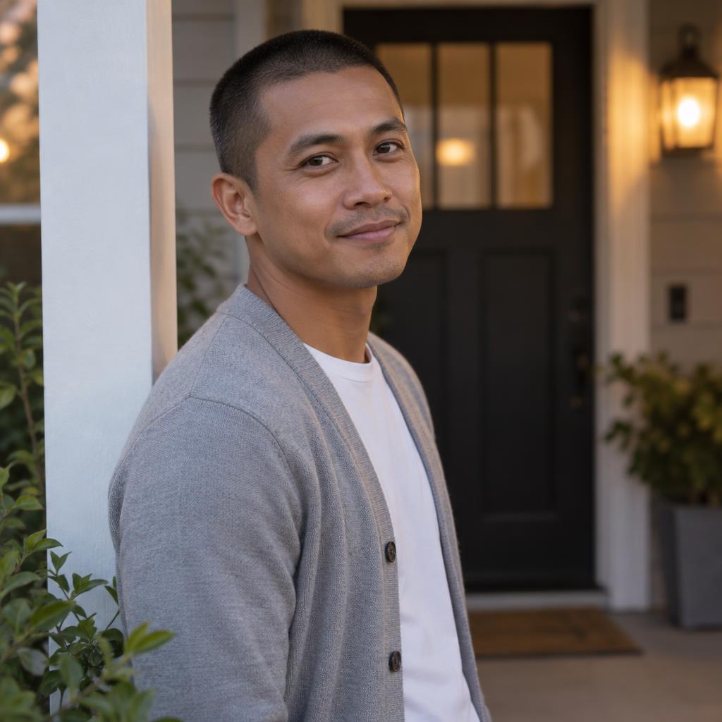Warm Neighborly Character: Portrait from mid-torso up near a front-porch post, with the doorway receding softly behind him.