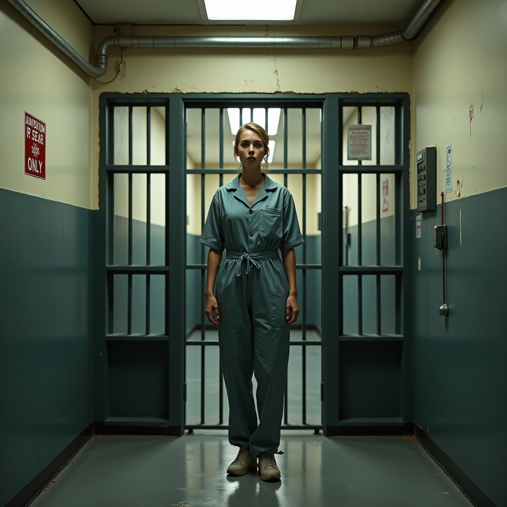 AI-generated photo: Photorealistic prison cellblock doorway intake shot, framing the inmate just after being led from pr...