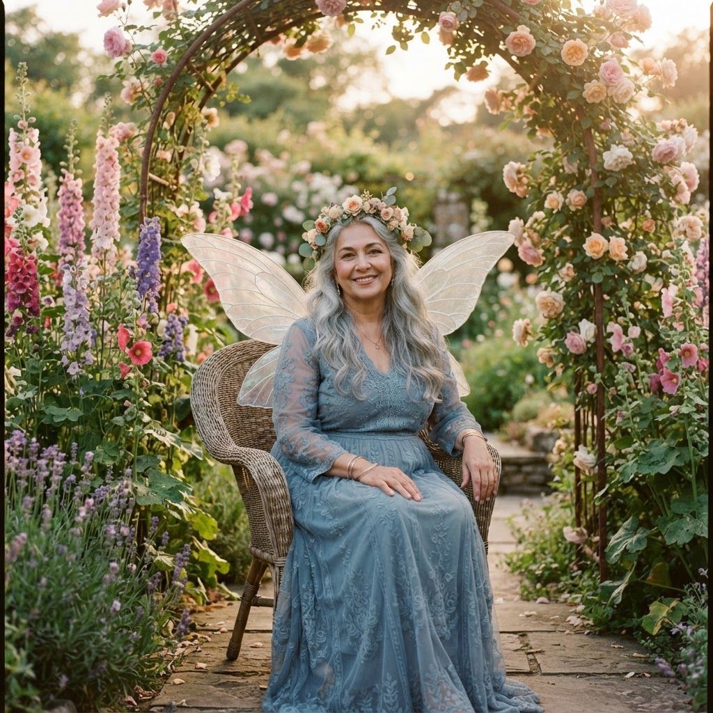 Garden Fairy Among Flowers: Under a rose-covered garden arch at golden hour, she sits upright in a wicker chair between tall flowering stems.