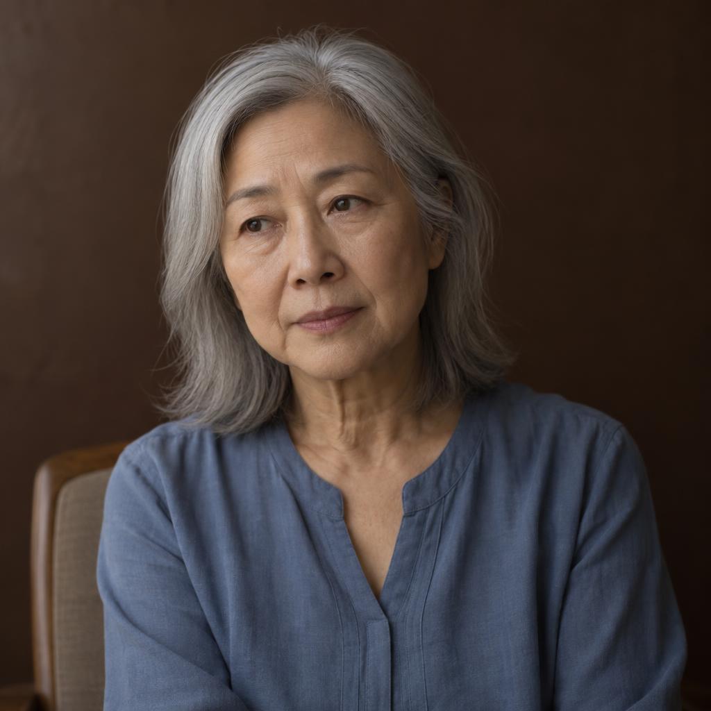 Intimate Dramatic Monologue: Close portrait seated against a deep brown wall, wearing a muted blue blouse.
