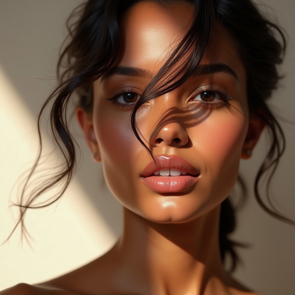 AI-generated photo: Photorealistic studio beauty portrait photography, front-facing close-up of a confident face with lu...