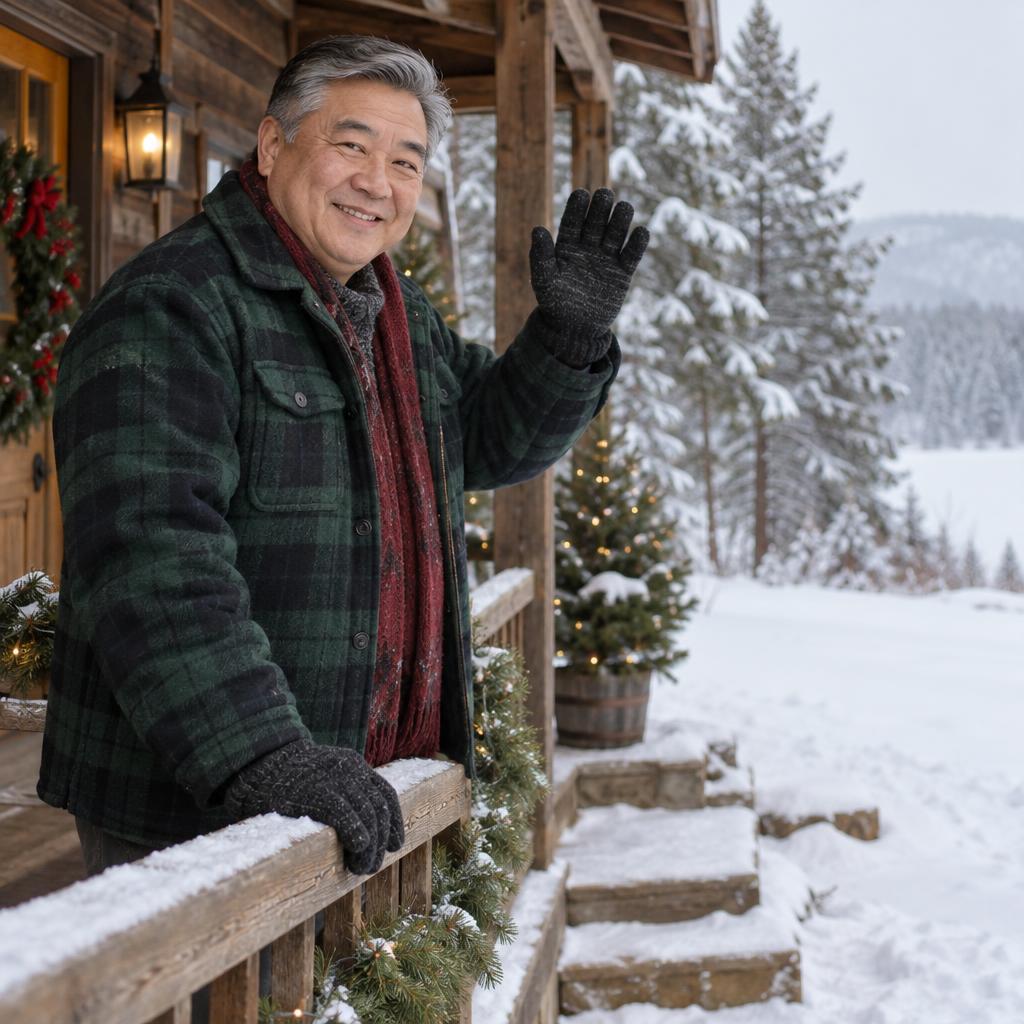 Rustic Cabin Porch Greeting: Photorealistic holiday portrait from a slight angle along a rustic porch railing.