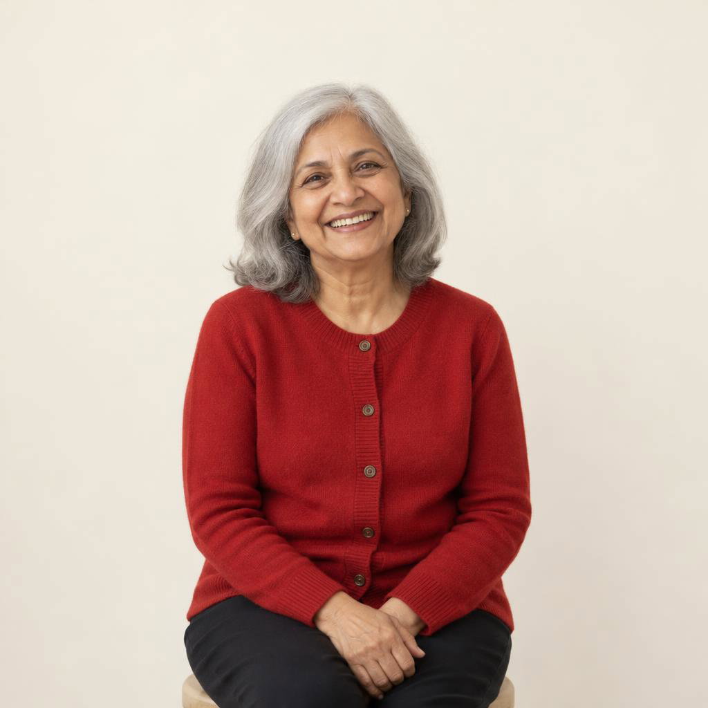 Minimal Studio Card Portrait: Minimal cream-backdrop card portrait with the subject seated on a plain stool, framed from mid-torso up.