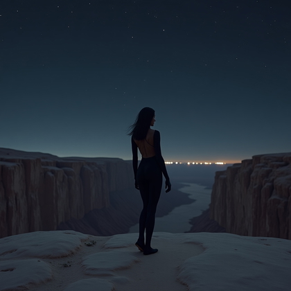 AI-generated photo: Photorealistic minimalist astro portrait in a desert canyon at night. A single figure stands near th...