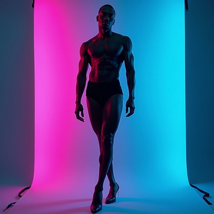 AI-generated photo: Photorealistic studio portrait photography of a full-body subject standing on seamless paper, one hi...