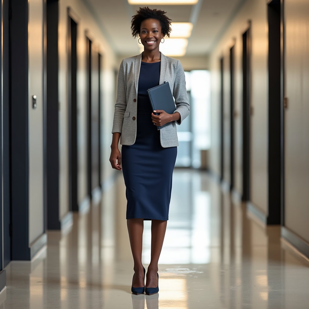 Sheath Dress And Cardigan: Generation-ready editorial photo in a quiet corporate corridor near elevator doors.