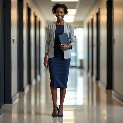 Robe fourreau et cardigan : photo éditoriale prête à être générée dans un couloir d’entreprise calme, près des portes d’ascenseur.