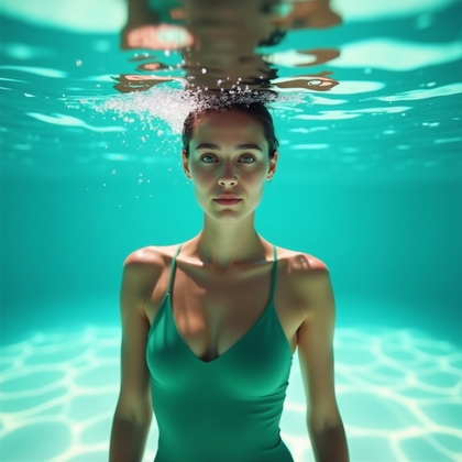 AI-generated photo: Photorealistic underwater portrait photography, close-up of a swimmer in minimalist solid-color swim...