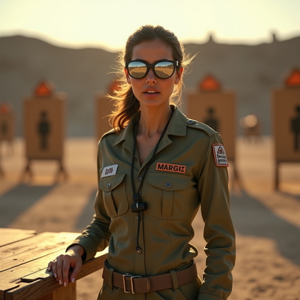 AI-generated photo: Photorealistic military range photography. The scene shows an instructor on a dusty outdoor range, s...