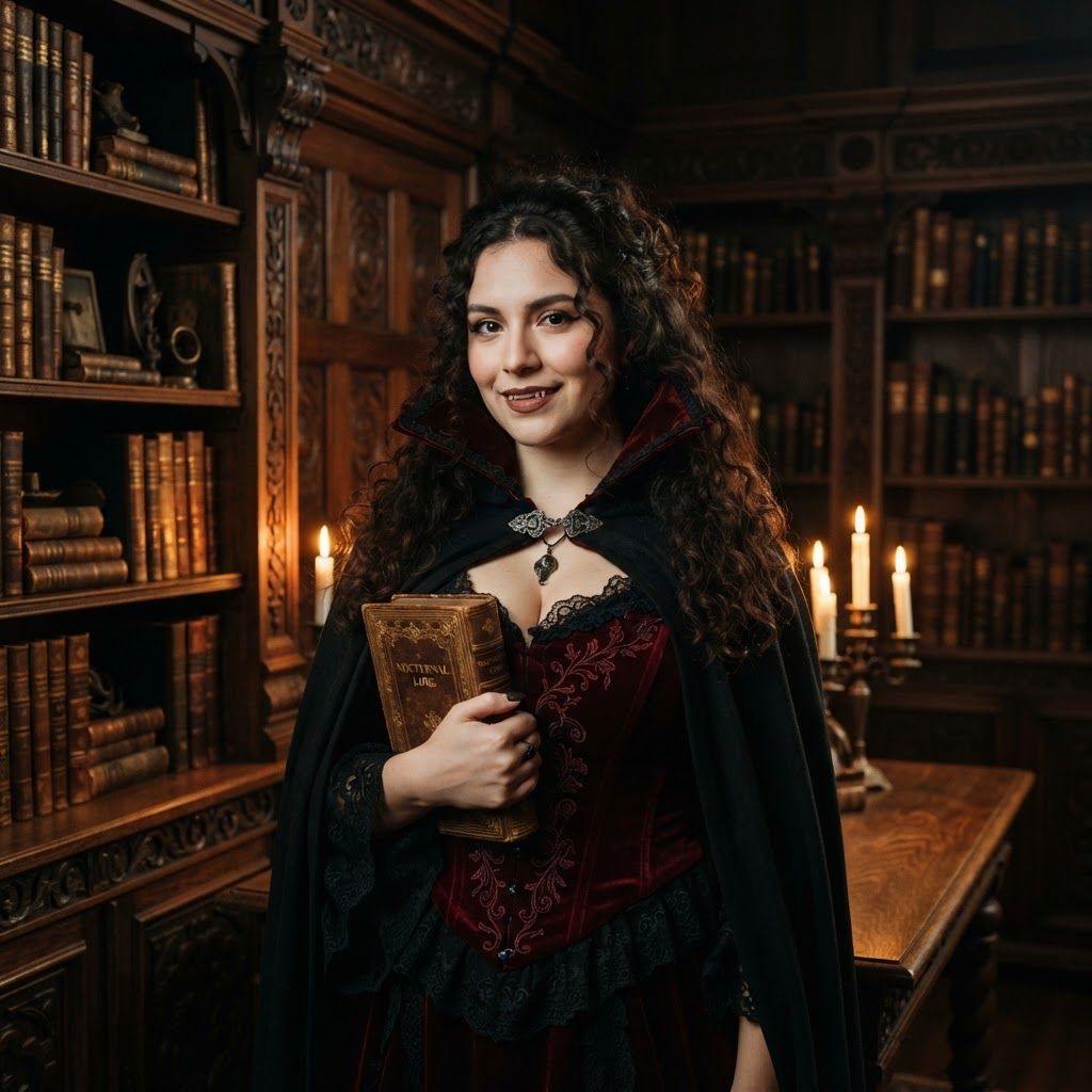 Velvet-Collar Vampire Portrait: Waist-up vampire portrait between tall carved bookcases in a richly furnished library.
