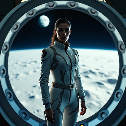 AI-generated photo: Professional portrait photography, a commanding mission specialist positioned in a moon base observa...