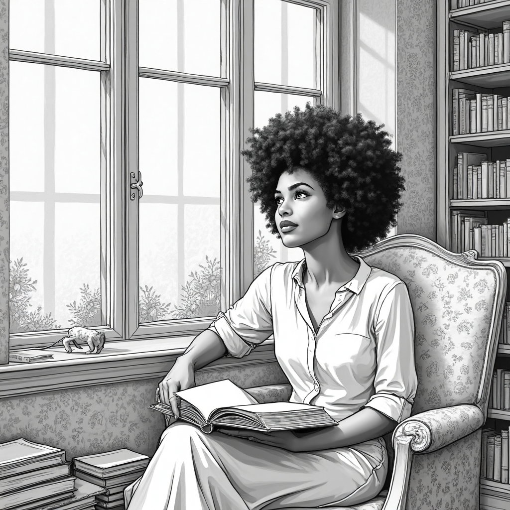 AI-generated photo: **Line Art Drawing.** Create a refined line art portrait of a young woman sitting by a large bay win...