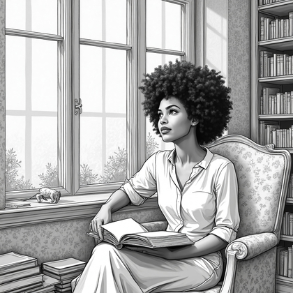 AI-generated photo: **Line Art Drawing.** Create a refined line art portrait of a young woman sitting by a large bay win...