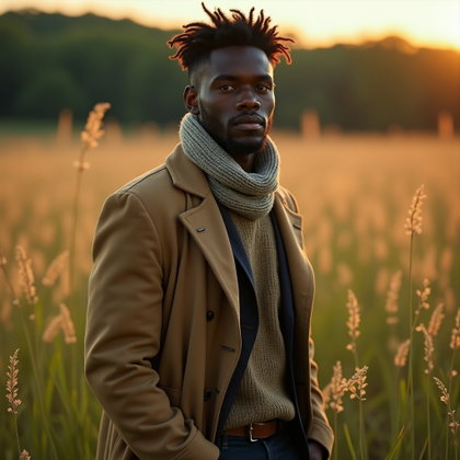Windblown Meadow Poet Portrait With a Long Coat example: Photorealistic portrait photography. Half-body portrait in tall meadow grass, wearing a long weathered coat over layered