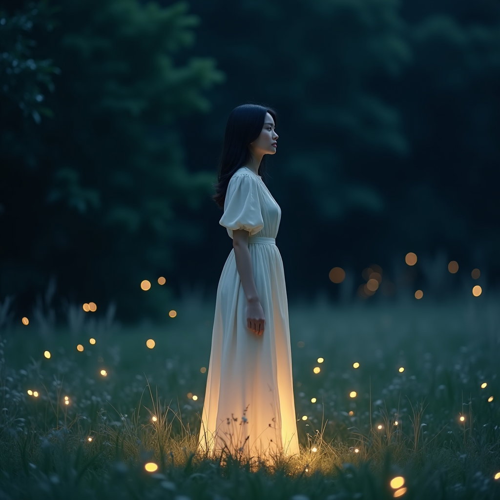 Scène au clair de lune et aux lucioles : scène en pied au clair de lune avec des lucioles, montrant une personne en robe ivoire longueur cheville immobile dans de l’herbe basse au bord d’un bosquet sombre.