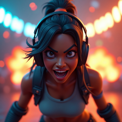 AI-generated photo: Stylized 3D game-rendered portrait, tight head-and-shoulders view of a gaming avatar in a frantic, a...