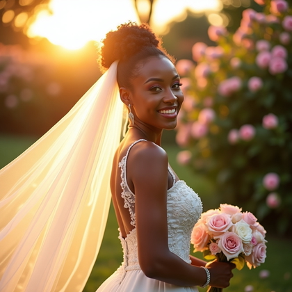 AI-generated photo: Photorealistic wedding photography. Three-quarter portrait in a sunlit garden at golden hour as the ...