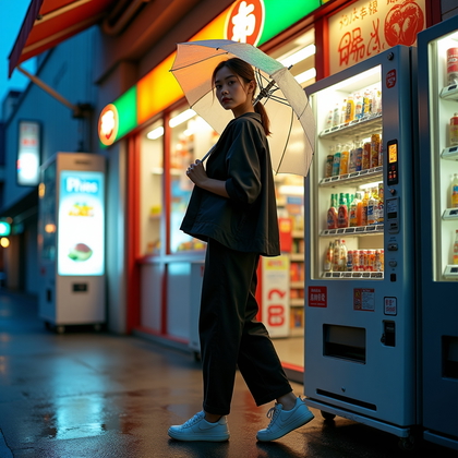 AI-generated photo: Photorealistic lifestyle fashion photography. A dynamic street-style portrait set just outside a Jap...