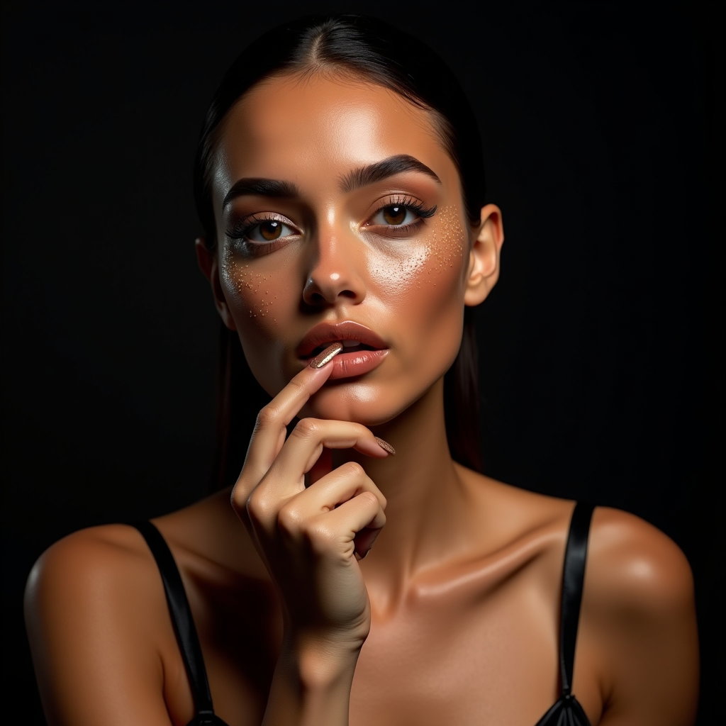 AI-generated photo: Photorealistic editorial beauty photograph on a deep black backdrop with a tight crop just below the...