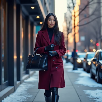 Arrivée en manteau d’hiver : scène d’arrivée au bureau en hiver à l’heure bleue sur un trottoir propre du centre-ville ; une seule personne visible passe dans le halo de lumière chaude venant d’une…