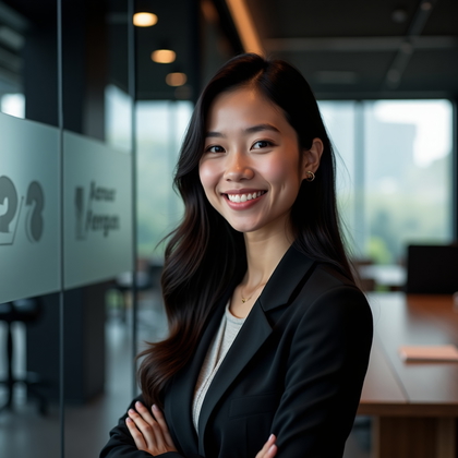 AI-generated photo: Professional headshot: tech startup founder persona in a modern co-working boardroom with matte blac...