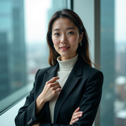 AI-generated photo: Professional headshot: On an enclosed glass skybridge connecting corporate towers, the subject is po...