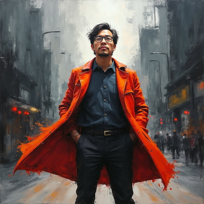 AI-generated photo: Expressionist painting. A powerful depiction of a man standing on a bustling city street, under a me...