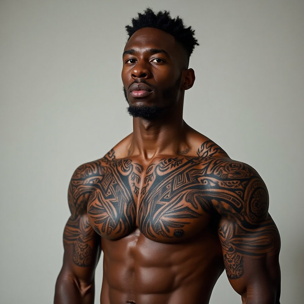 AI-generated photo: Photorealistic photography capturing a 28 years old Black man with a muscular build, showcasing a bo...