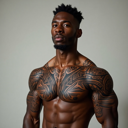 AI-generated photo: Photorealistic photography capturing a 28 years old Black man with a muscular build, showcasing a bo...