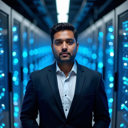 AI-generated photo: Professional headshot. In a cooled data center aisle flanked by server racks glowing with blue statu...