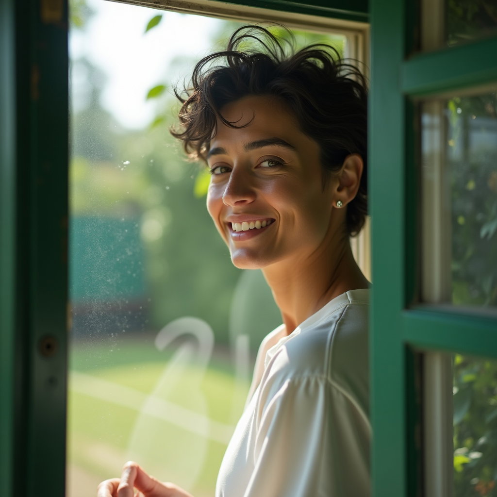 Romantic Soft-Focus Tenniscore Portraits example: Dating profile photo. Unexpected creative tenniscore portrait seen through a clean clubhouse window with faint reflectio