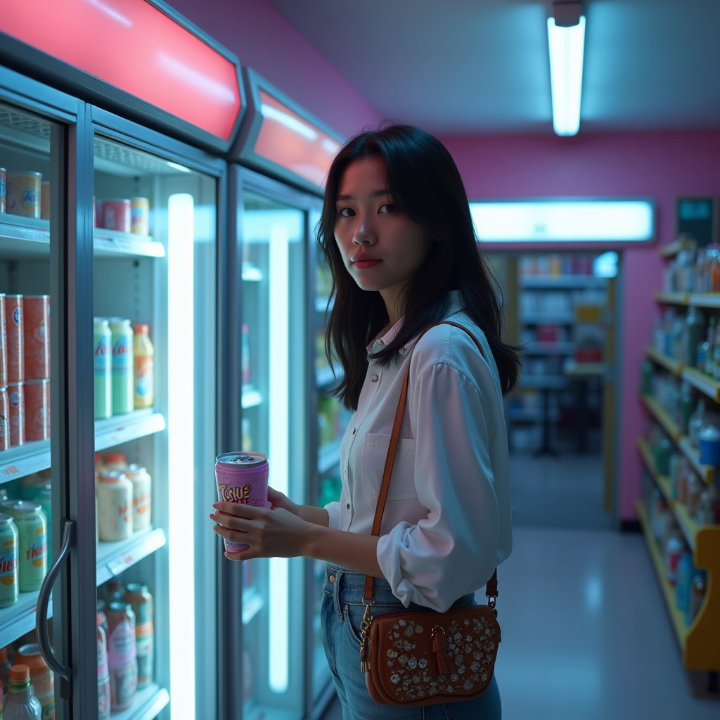 Pastel Idol by Day, Hunter by Night Portrait example: Cinematic fantasy character photo. Environmental portrait in a pastel convenience store at midnight, face clearly visibl