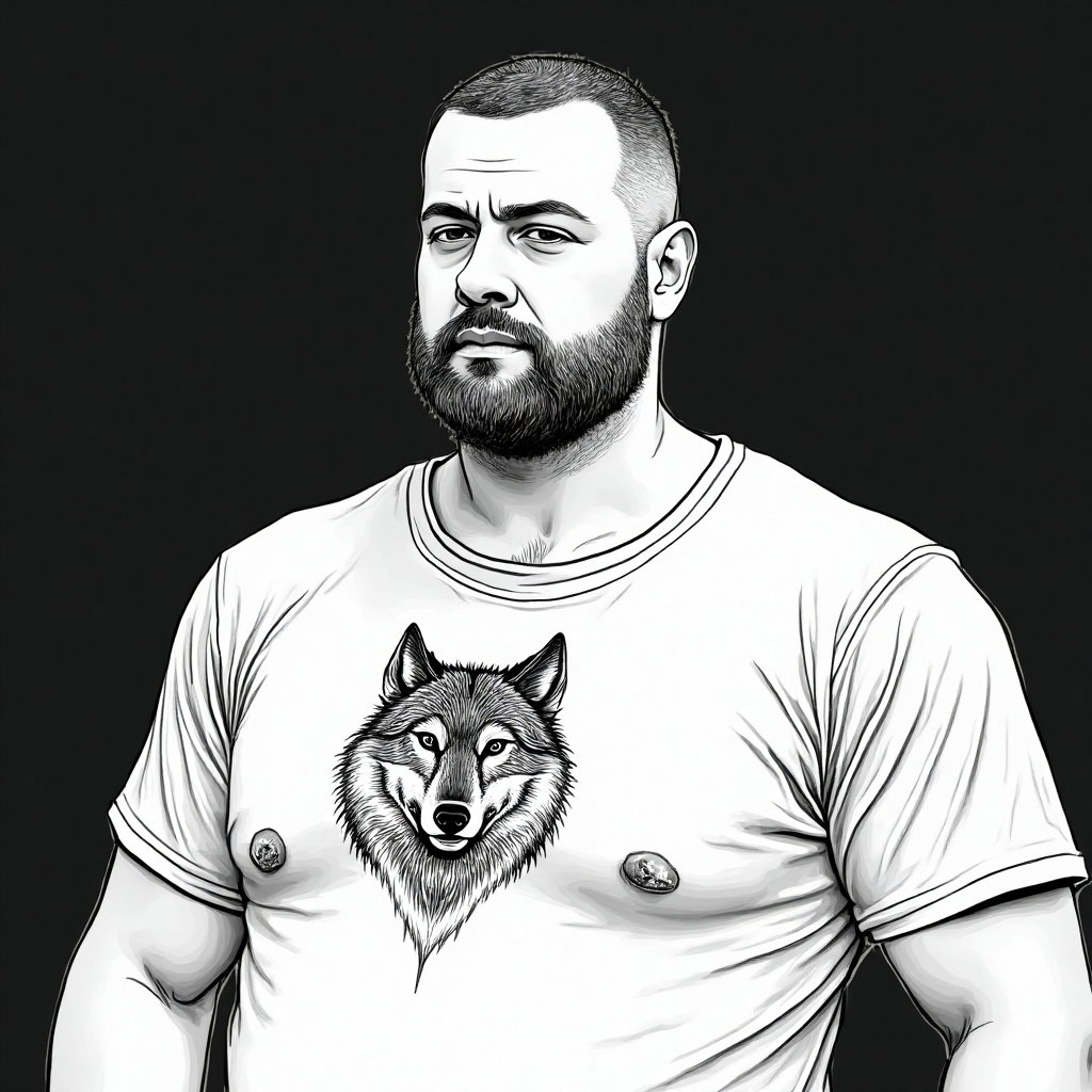 AI-generated photo: **Minimalist line art illustration** of a man with a minimalist animal tattoo on his chest, featurin...