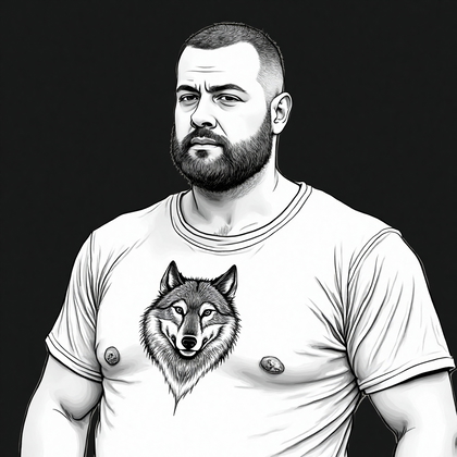 AI-generated photo: **Minimalist line art illustration** of a man with a minimalist animal tattoo on his chest, featurin...