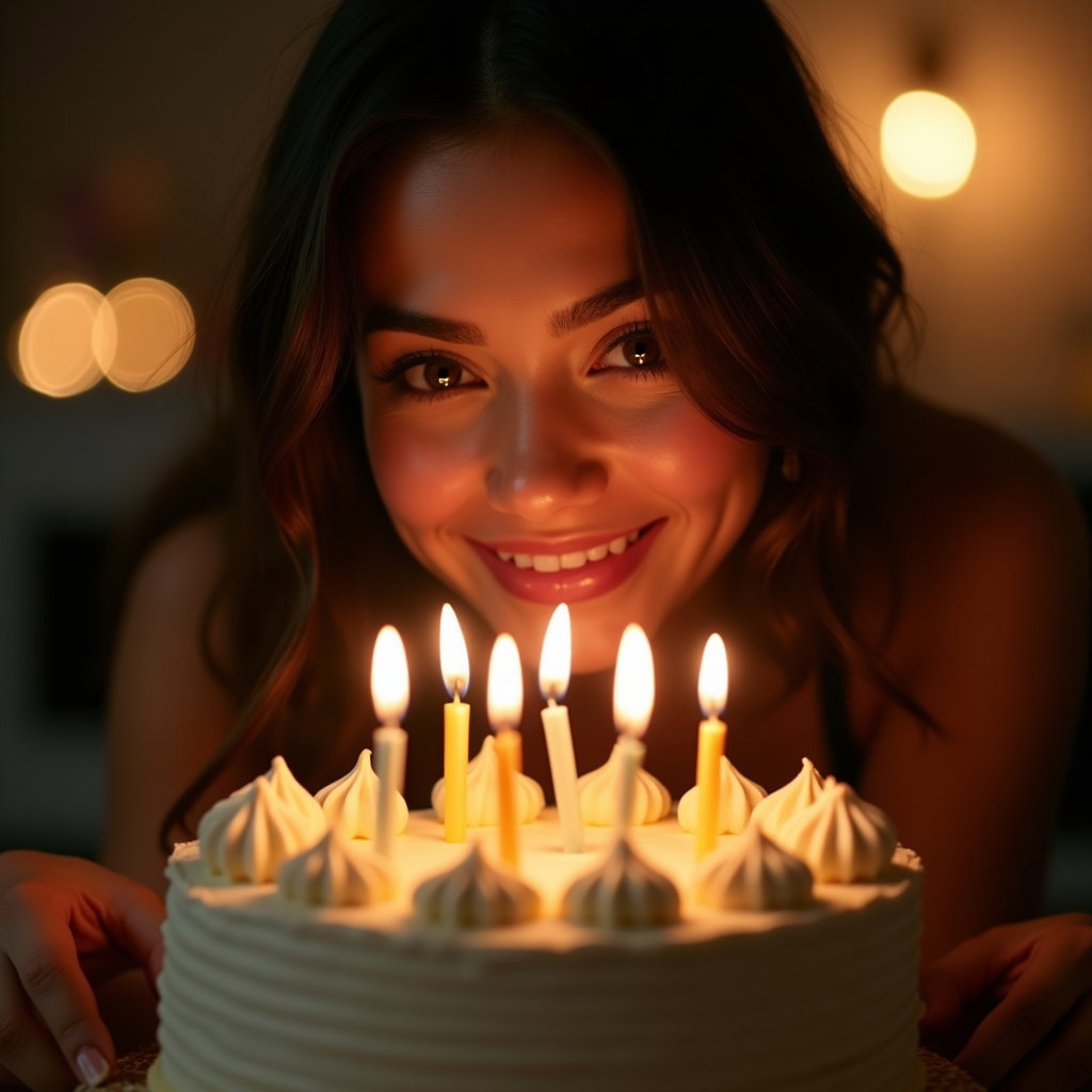 Candlelit Cake Birthday Close-Ups example: Photorealistic birthday portrait photography. Extreme candlelit cake close-up with the cake in the foreground and the su