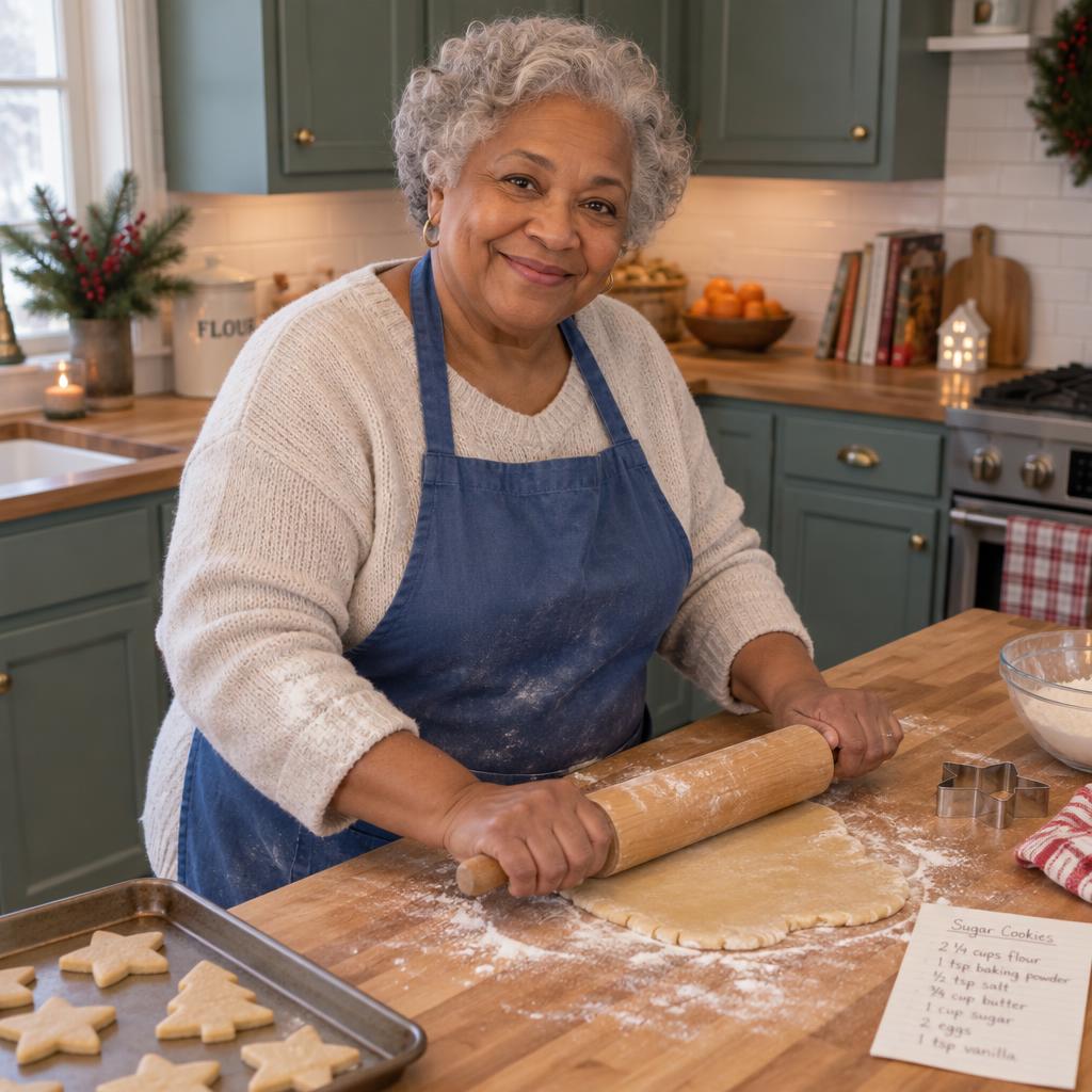 Candid Holiday Baking Moment: Inviting holiday baking portrait in a home kitchen with painted cabinets and a butcher-block counter.