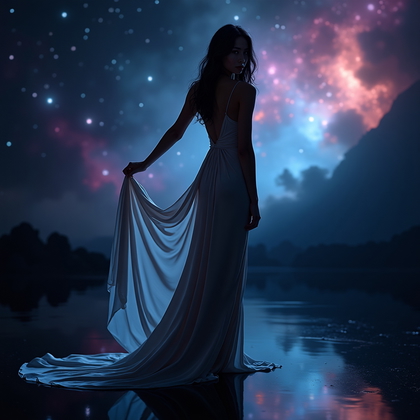 AI-generated photo: Photorealistic high-fashion night portrait photography, a figure in a liquid-satin slip dress standi...